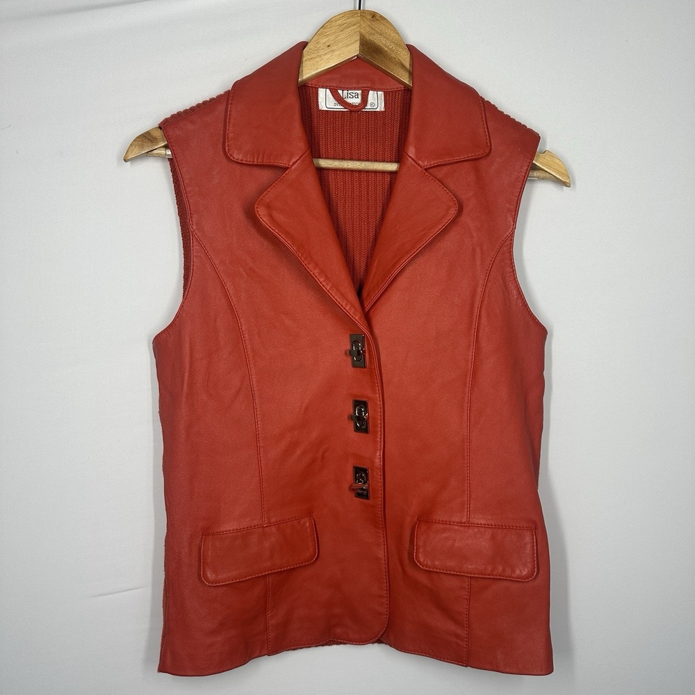 Vintage Lisa International lambskin leather vest knit back medium womens orange